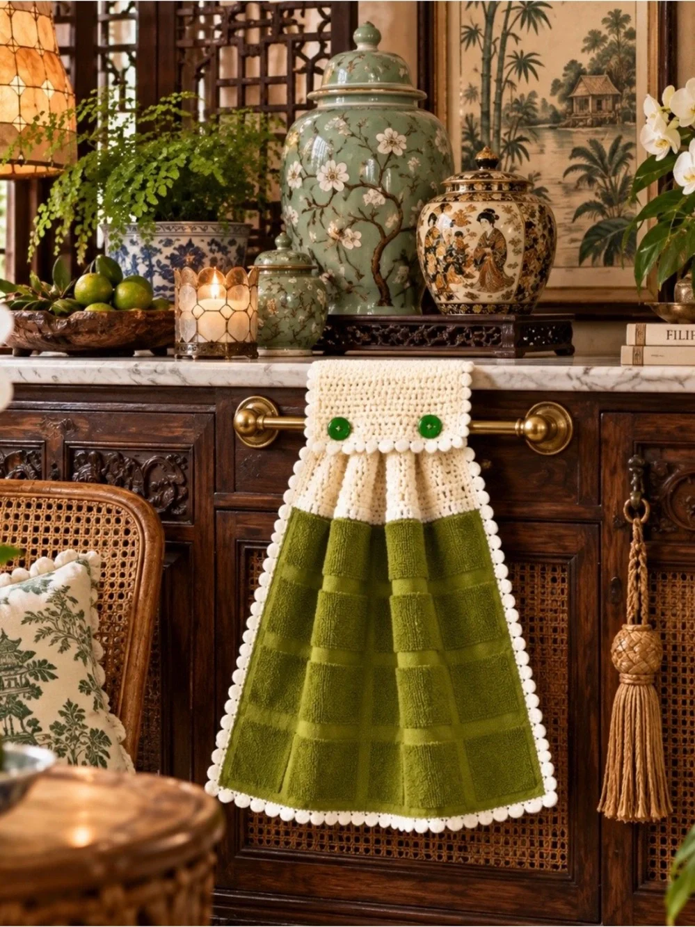 Handmade Chartreuse Olive Green Crochet Hanging Kitchen Towel